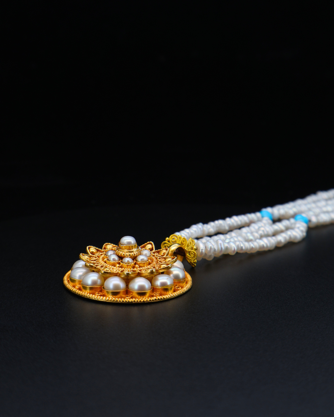 Double-Layer Mandala Necklace – Pearl & Turquoise | Handmade in Tibet