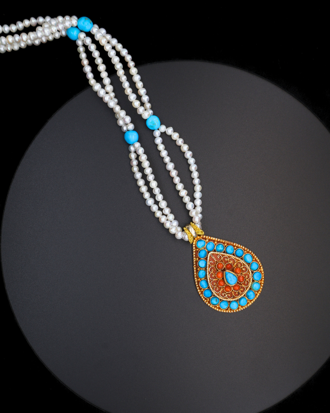 Sacred Flame Mandala Necklace – Turquoise, Coral & Pearl | Handmade Tibetan Jewellery
