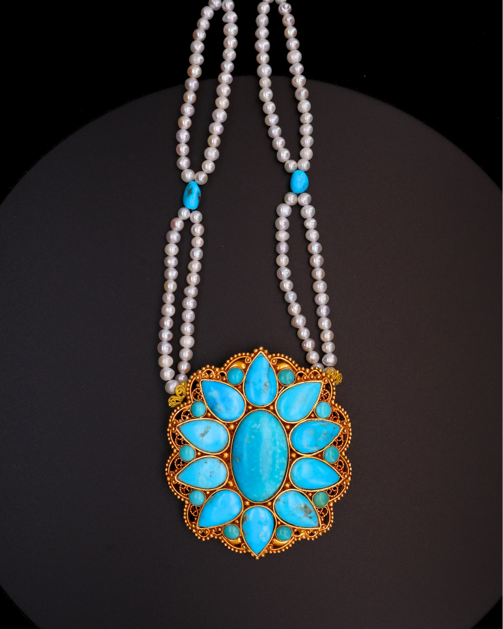 Celestial Turquoise Mandala Necklace – Double Layer Pearl Strands | One of a Kind