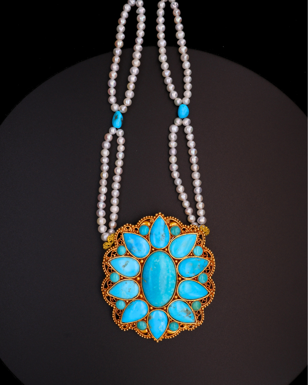 Celestial Turquoise Mandala Necklace – Double Layer Pearl Strands | One of a Kind