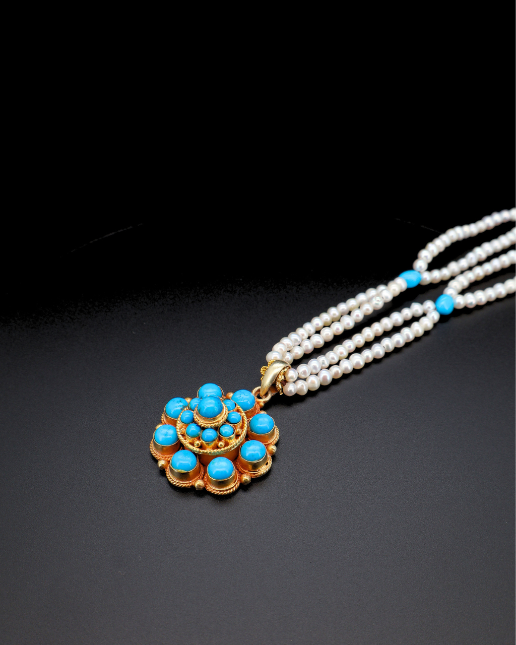 Eight-Petal Lotus Turquoise Mandala Necklace – Pearl Layered | One of a Kind