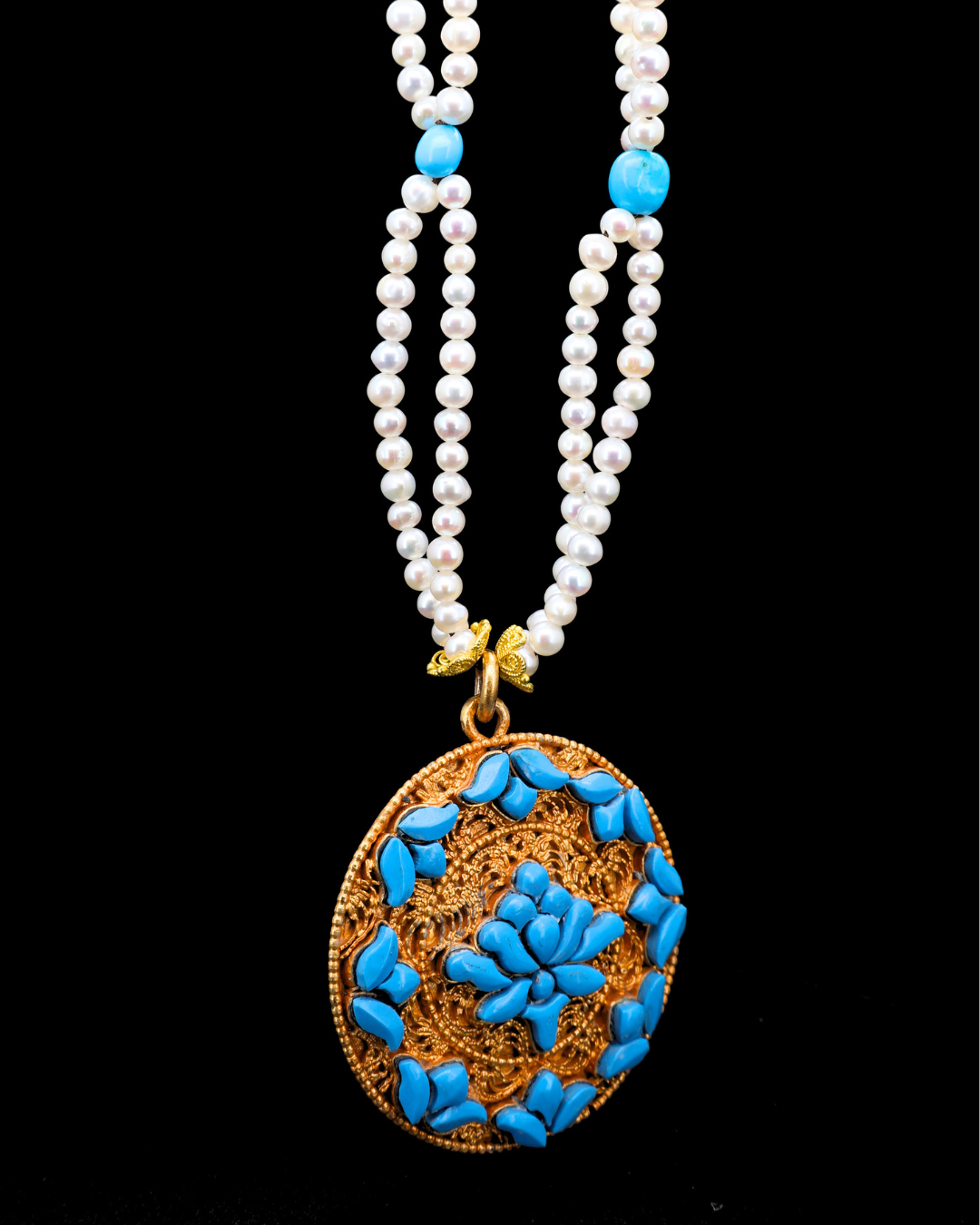 Sacred Lotus Mandala — Turquoise & Pearl Necklace