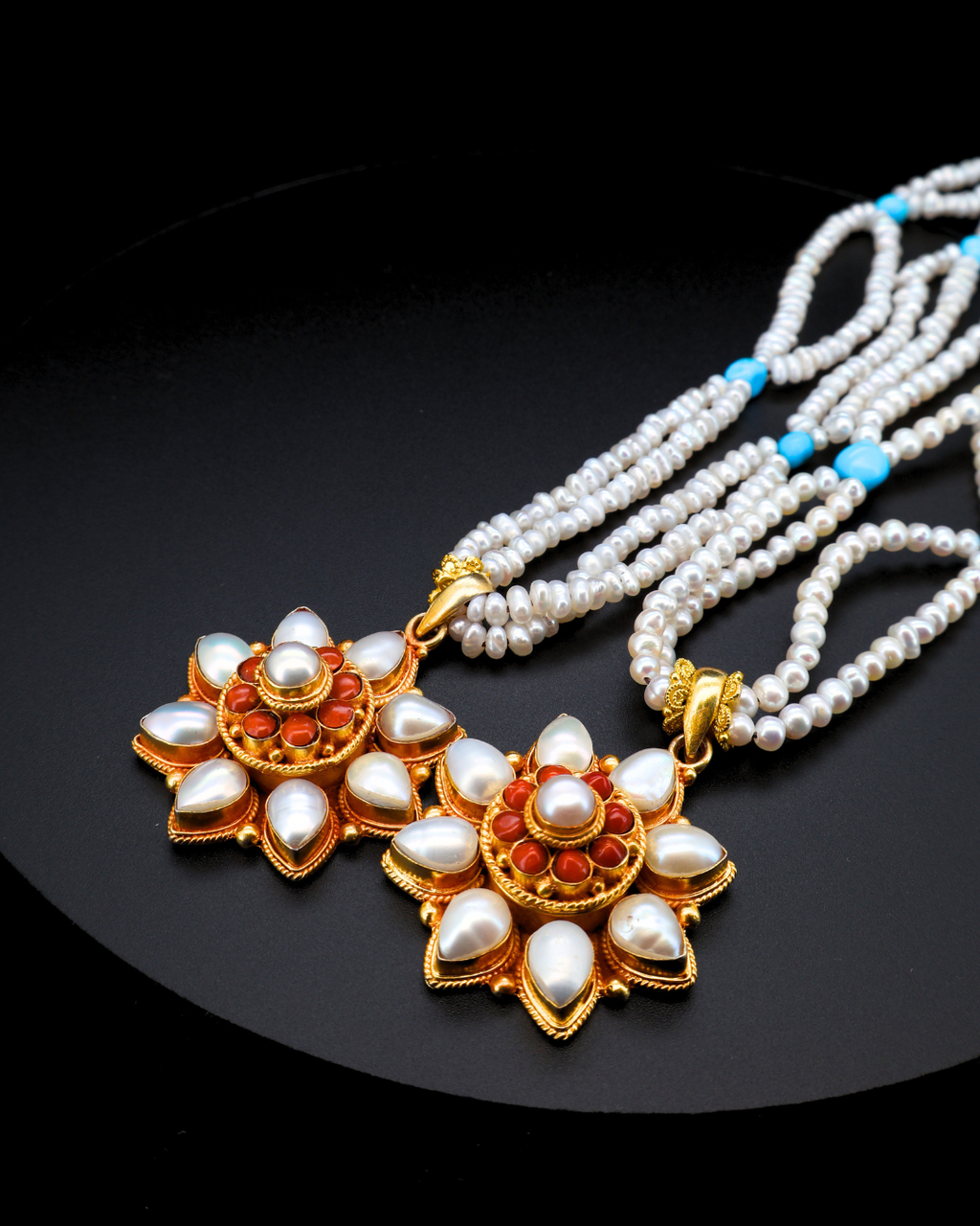 Double-Layer Eight-Petal Pearl & Coral Mandala Necklace – Dual Chain Options | One of a Kind