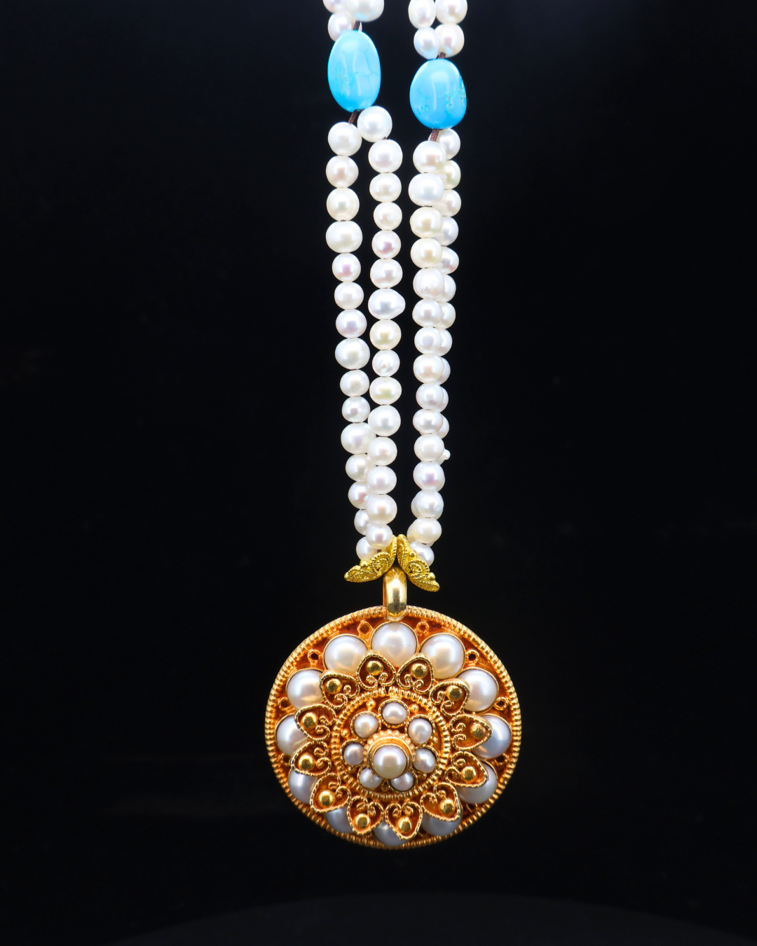 Double-Layer Mandala Necklace – Pearl & Turquoise | Handmade in Tibet