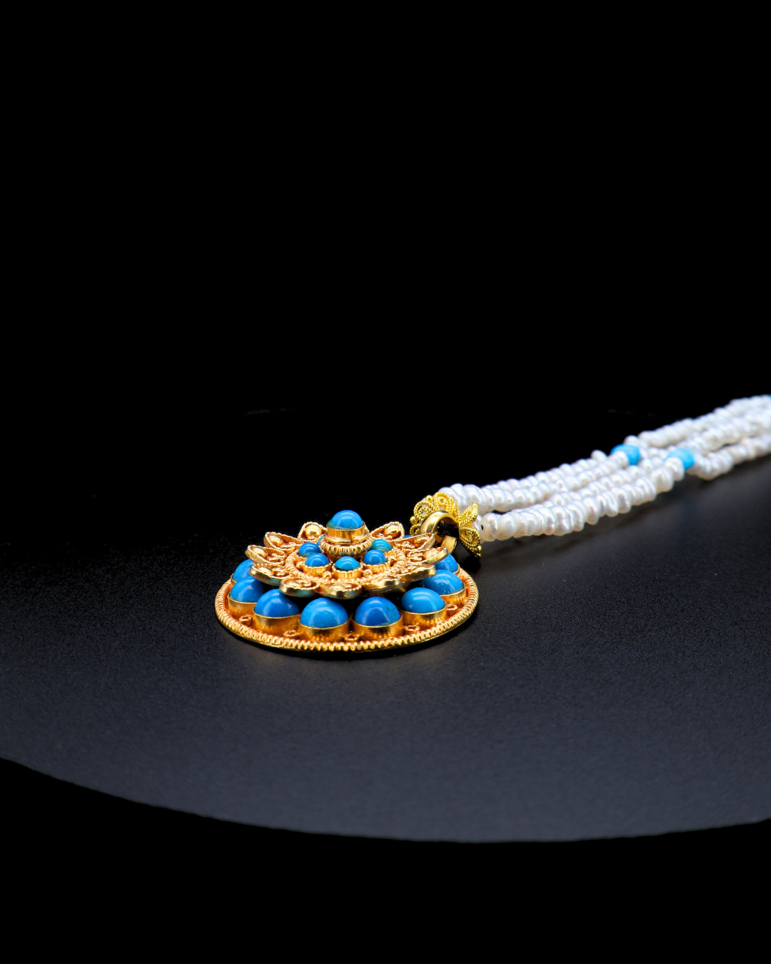 Double-Layer Eight-Petal Lotus Turquoise Mandala Necklace – Pearl Strands | One of a Kind