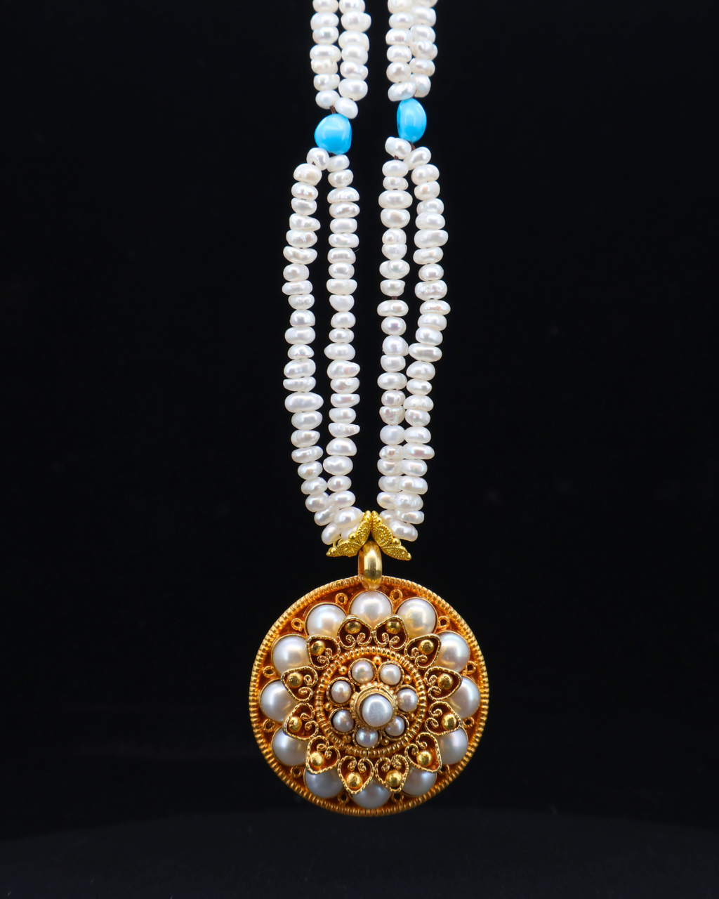 Double-Layer Mandala Necklace – Pearl & Turquoise | Handmade in Tibet