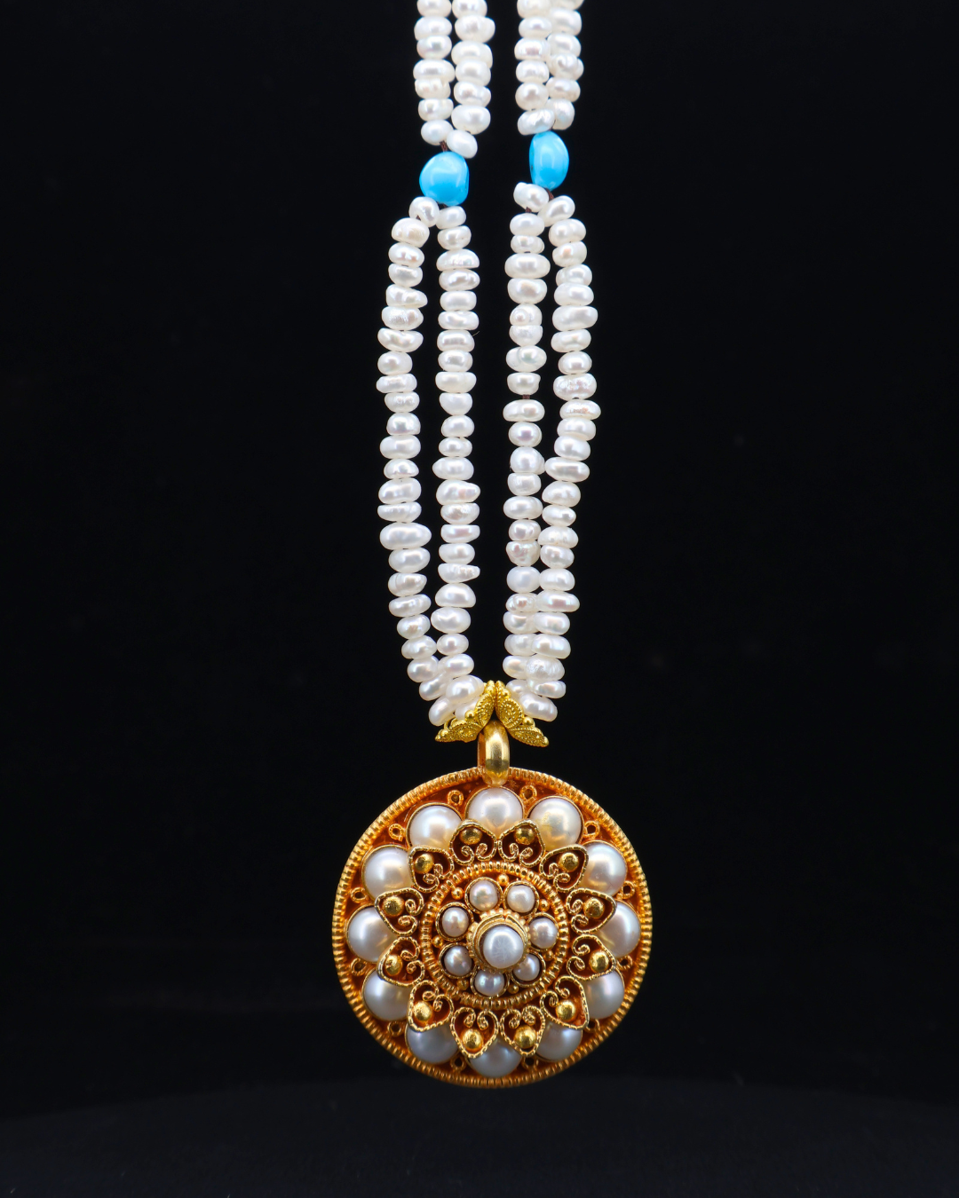 Double-Layer Mandala Necklace – Pearl & Turquoise | Handmade in Tibet