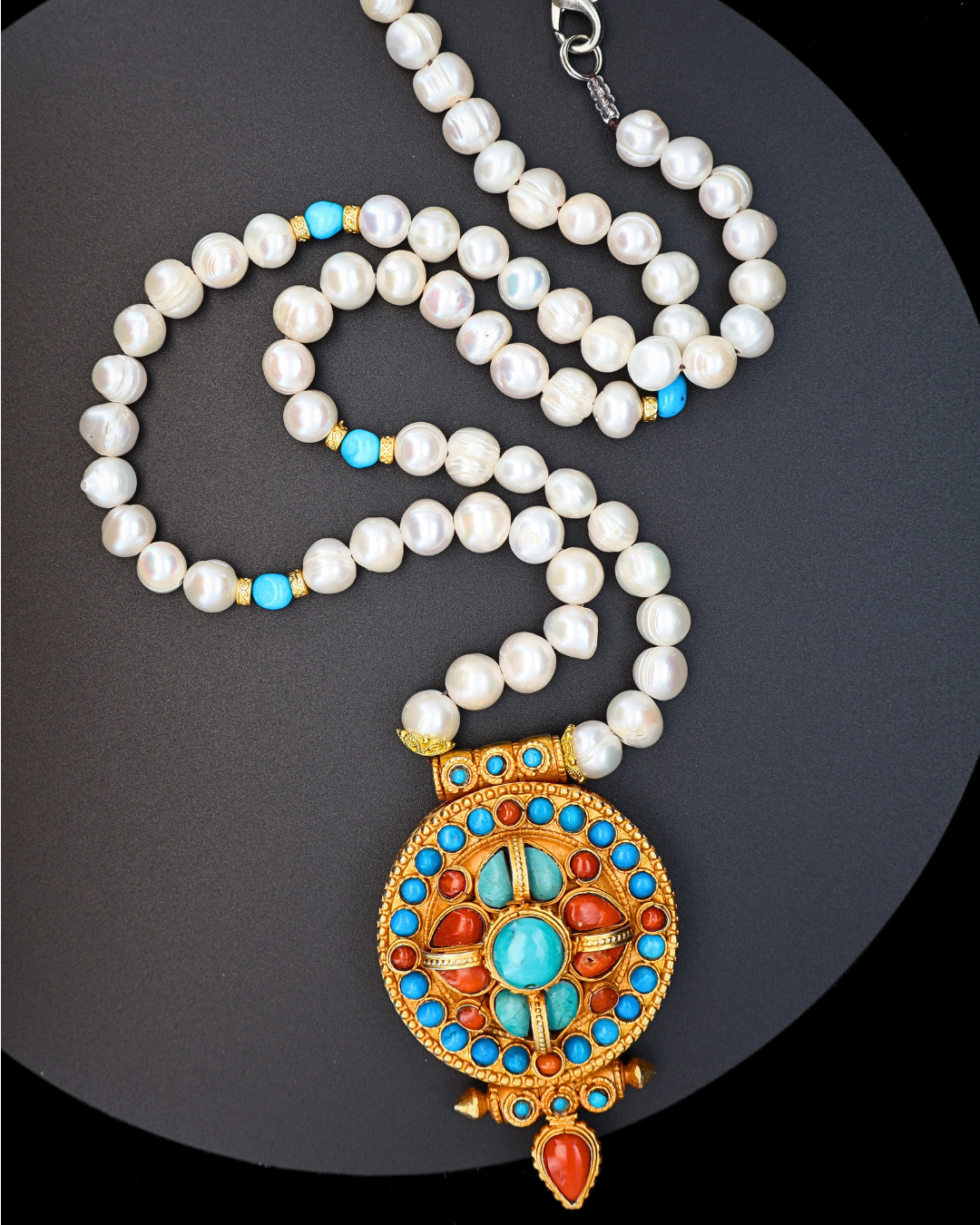 Sacred Radiance Ghau Pendant – Pearl, Turquoise & Coral Tibetan Amulet Necklace