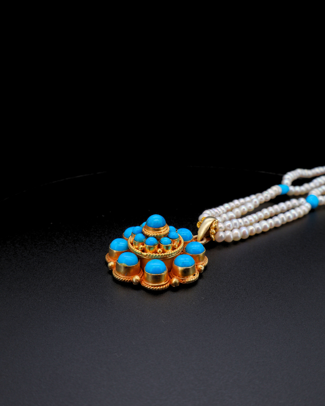 Eight-Petal Lotus Turquoise Mandala Necklace – Pearl Layered | One of a Kind