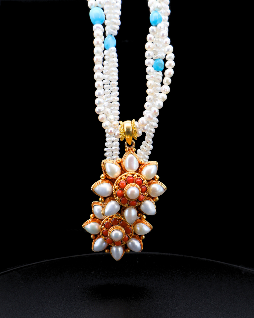 Double-Layer Eight-Petal Pearl & Coral Mandala Necklace – Dual Chain Options | One of a Kind