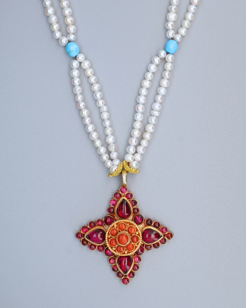 Four-Petal Lotus Necklace – Garnet, Turquoise & Pearl | One of a Kind