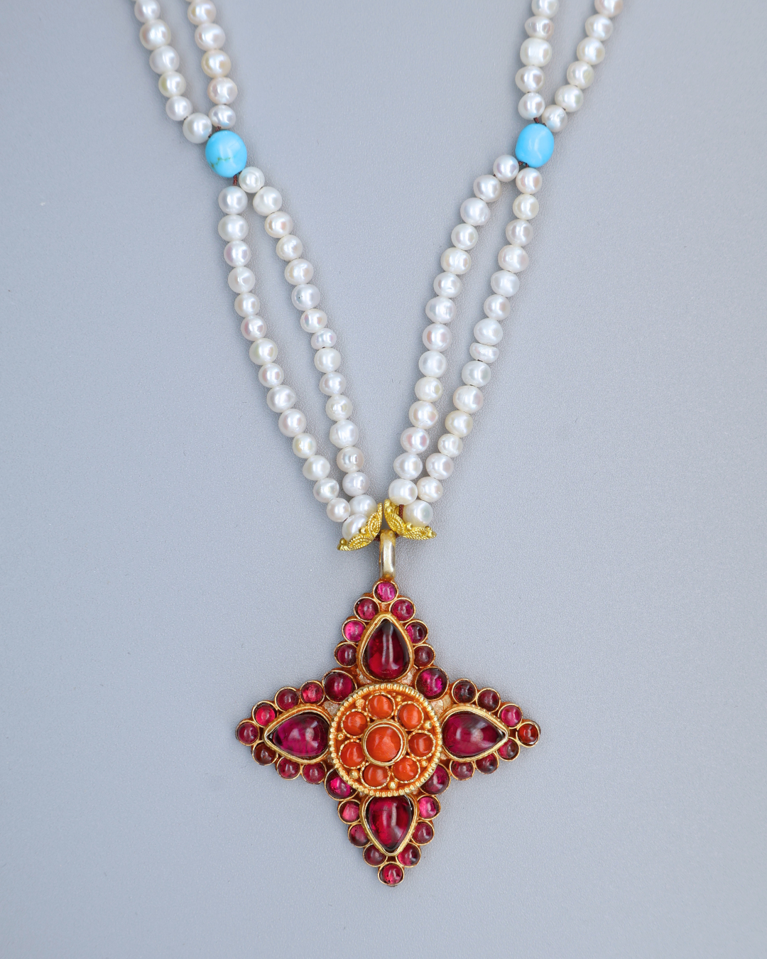 Four-Petal Lotus Necklace – Garnet, Turquoise & Pearl | One of a Kind