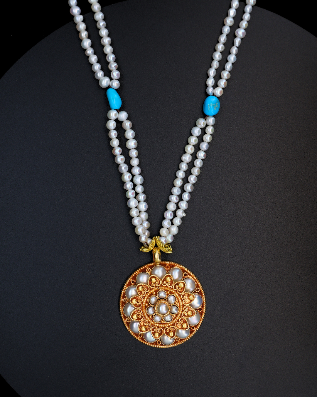 Double-Layer Mandala Necklace – Pearl & Turquoise | Handmade in Tibet