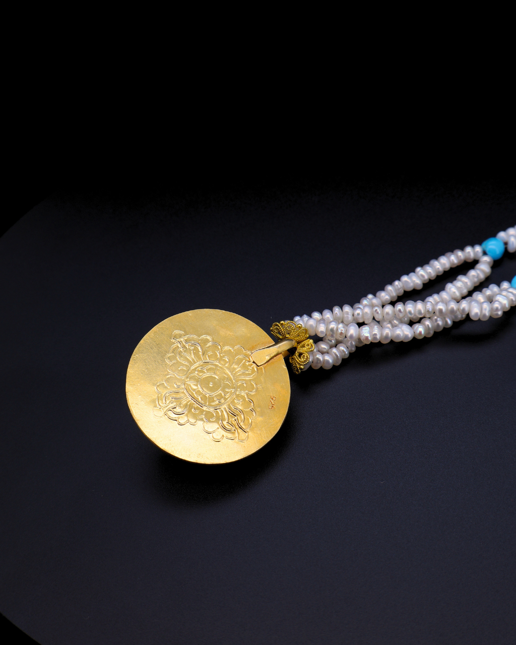 Double-Layer Mandala Necklace – Pearl & Turquoise | Handmade in Tibet