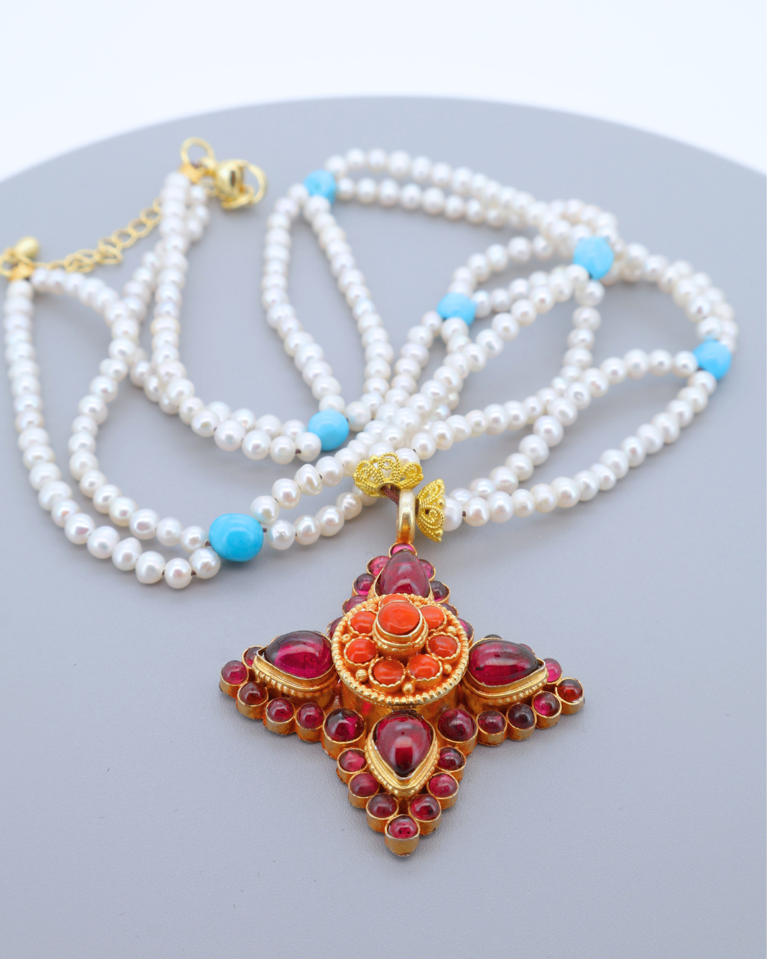 Four-Petal Lotus Necklace – Garnet, Turquoise & Pearl | One of a Kind