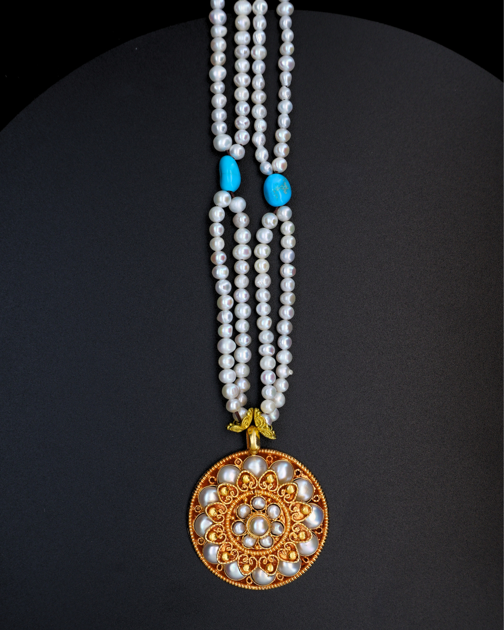 Double-Layer Mandala Necklace – Pearl & Turquoise | Handmade in Tibet