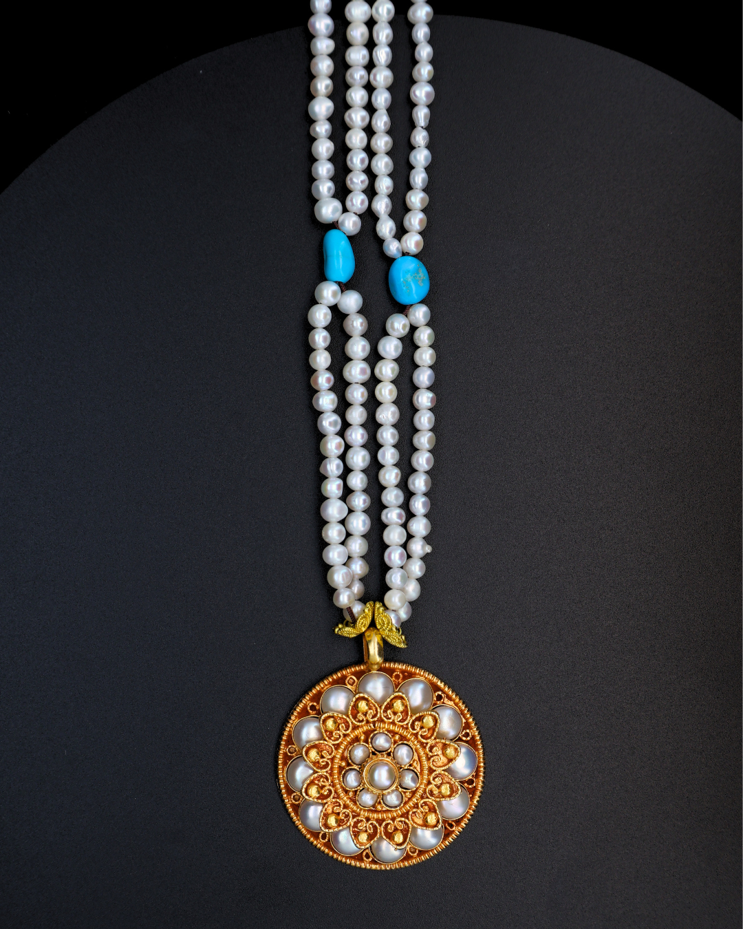 Double-Layer Mandala Necklace – Pearl & Turquoise | Handmade in Tibet
