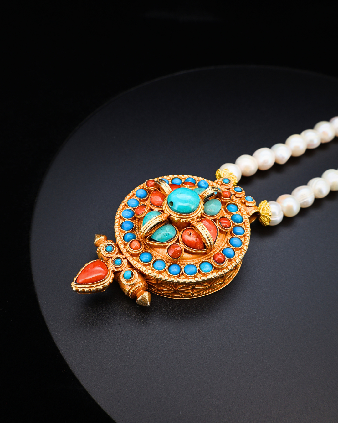 Sacred Radiance Ghau Pendant – Pearl, Turquoise & Coral Tibetan Amulet Necklace