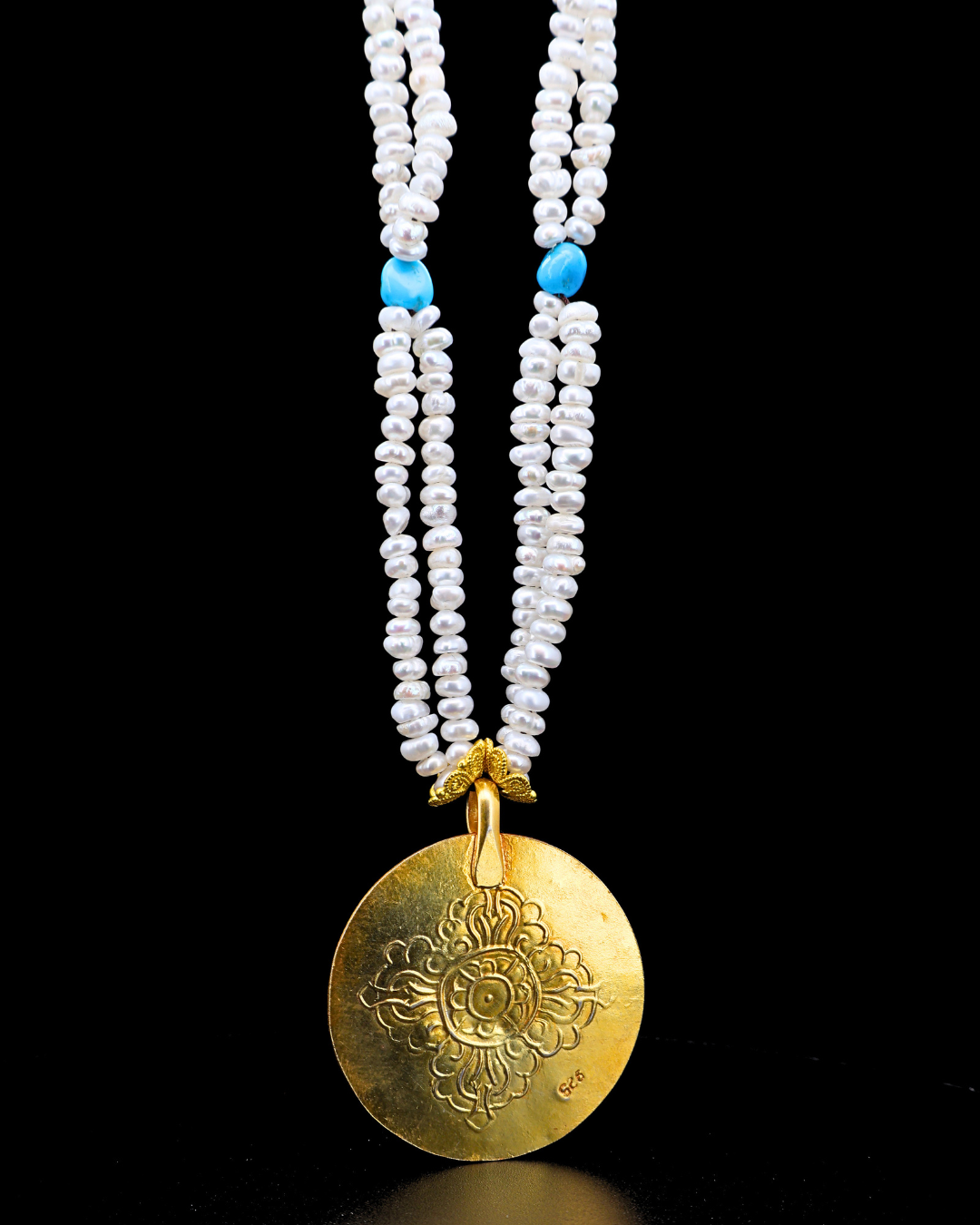 Double-Layer Eight-Petal Lotus Turquoise Mandala Necklace – Pearl Strands | One of a Kind