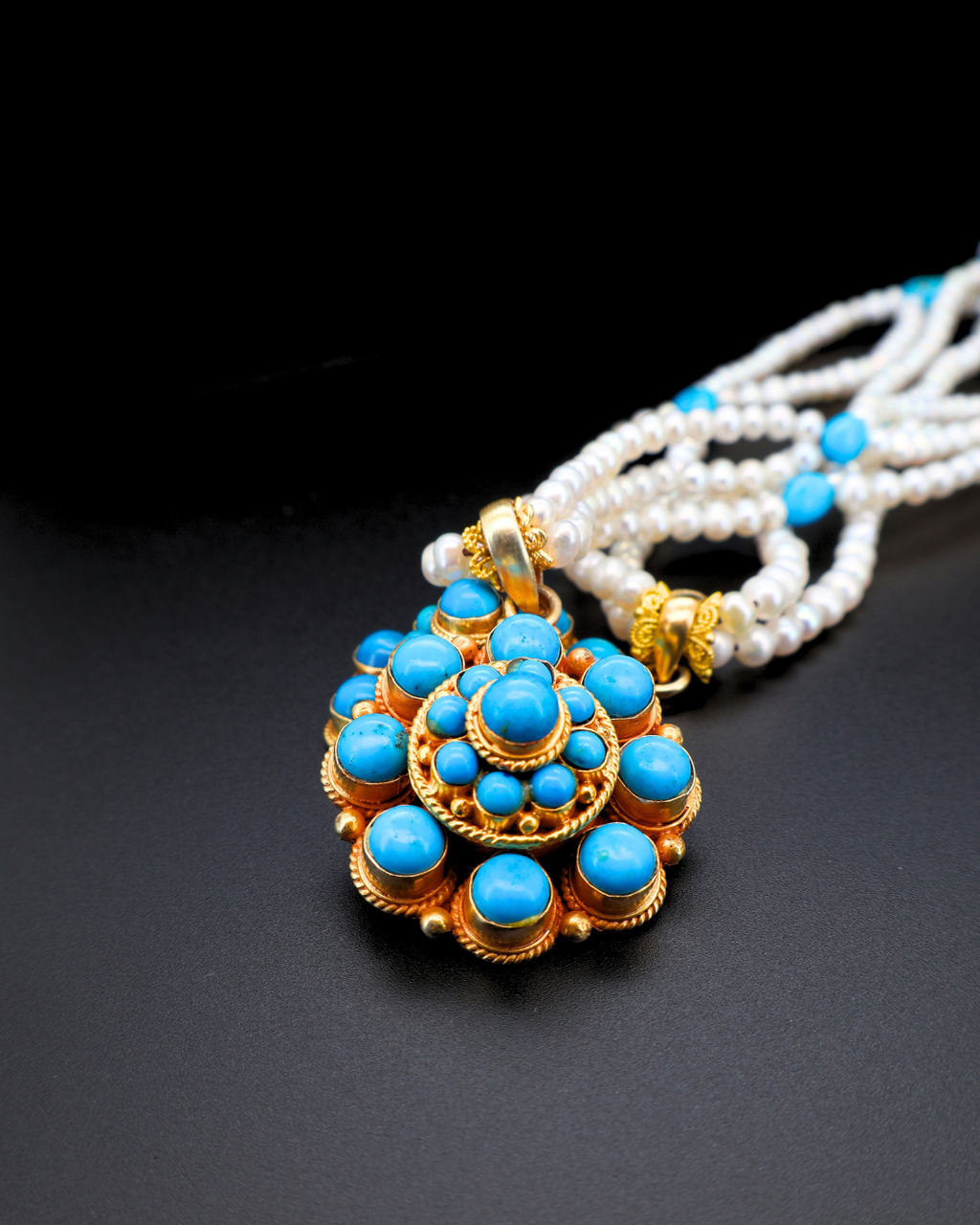 Eight-Petal Lotus Turquoise Mandala Necklace – Pearl Layered | One of a Kind