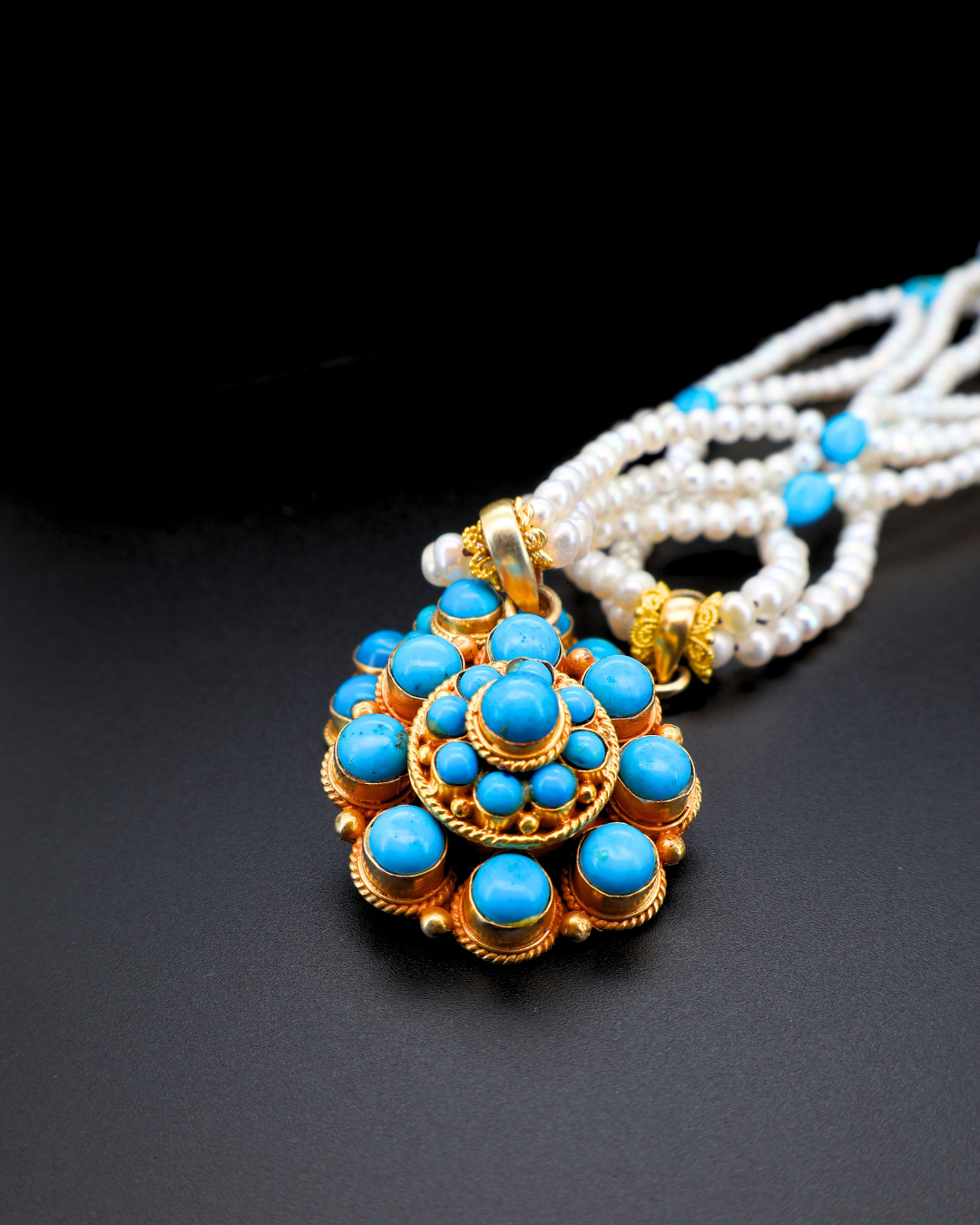 Eight-Petal Lotus Turquoise Mandala Necklace – Pearl Layered | One of a Kind