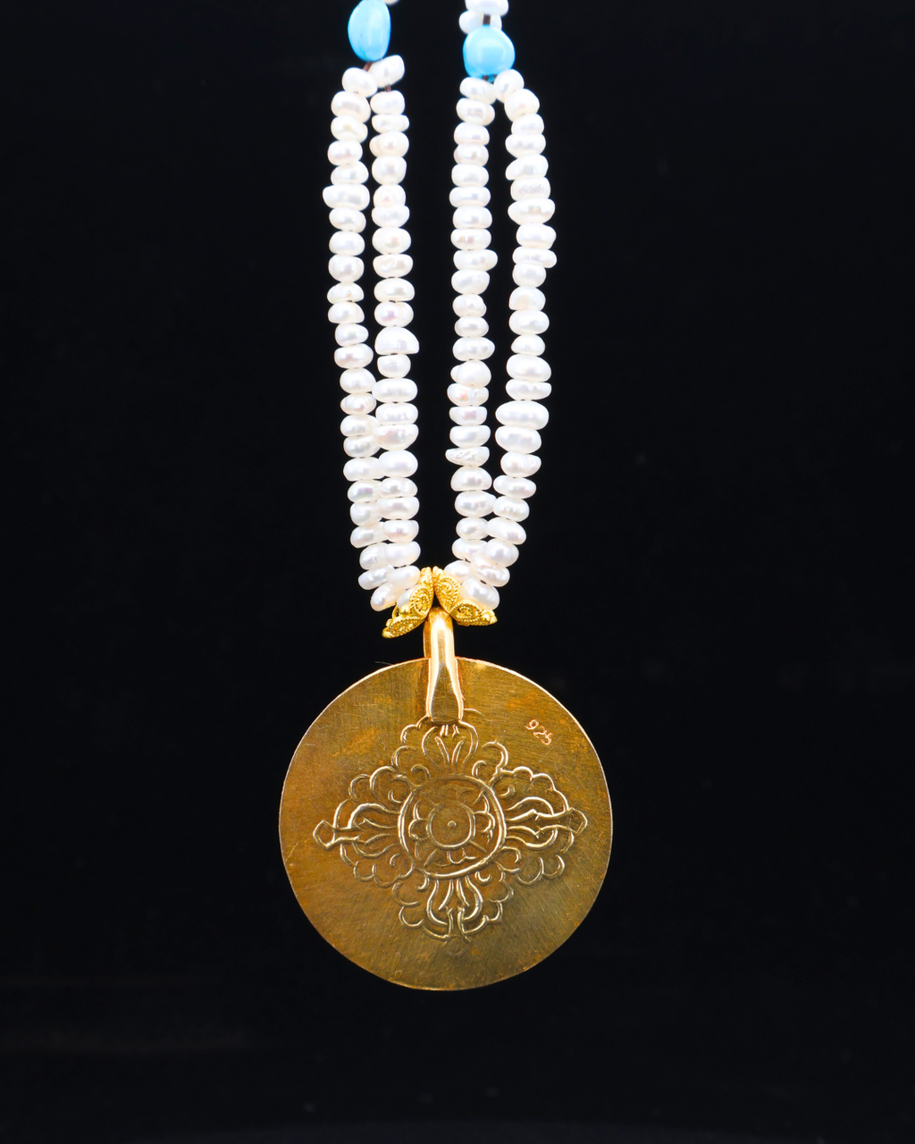 Double-Layer Mandala Necklace – Pearl & Turquoise | Handmade in Tibet
