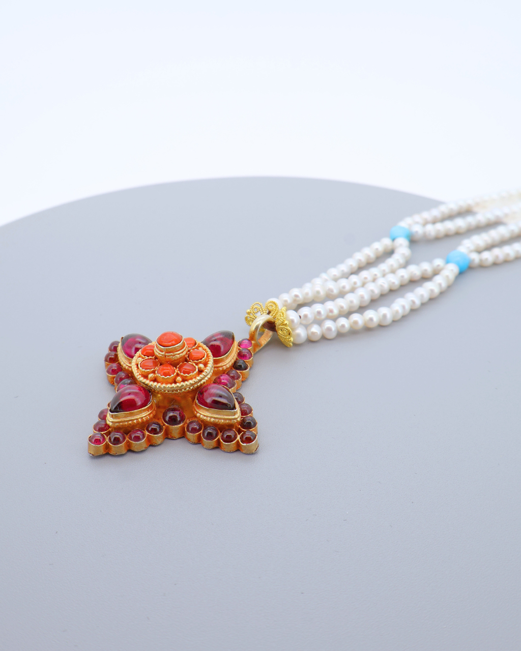 Four-Petal Lotus Necklace – Garnet, Turquoise & Pearl | One of a Kind