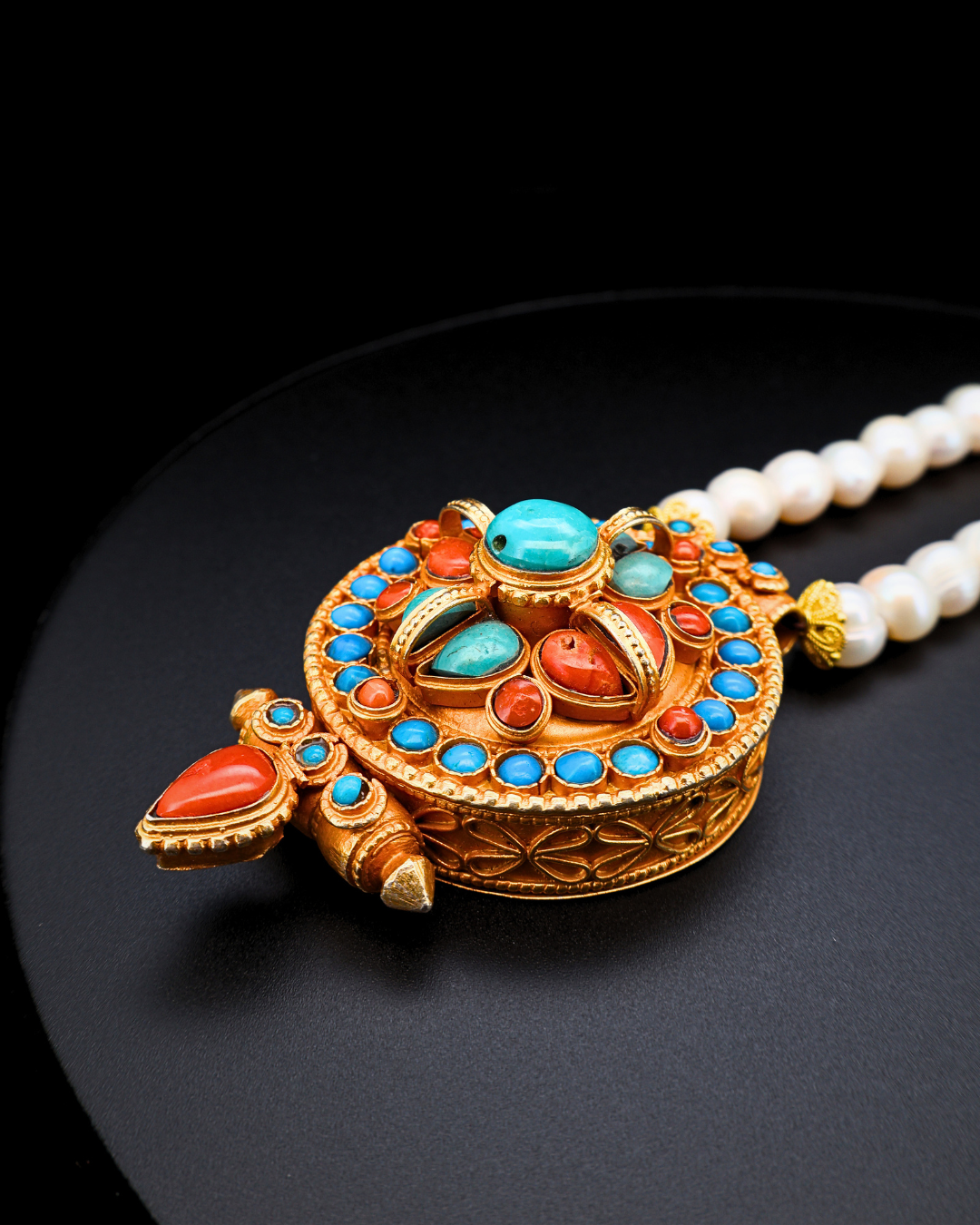 Sacred Radiance Ghau Pendant – Pearl, Turquoise & Coral Tibetan Amulet Necklace