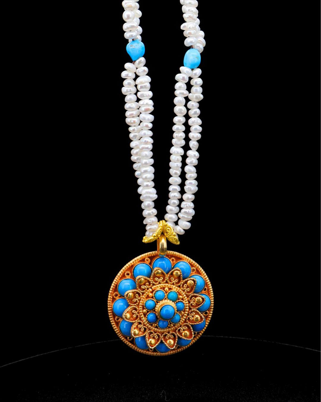 Double-Layer Eight-Petal Lotus Turquoise Mandala Necklace – Pearl Strands | One of a Kind