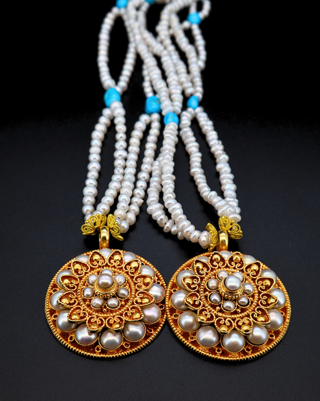 Double-Layer Mandala Necklace – Pearl & Turquoise | Handmade in Tibet